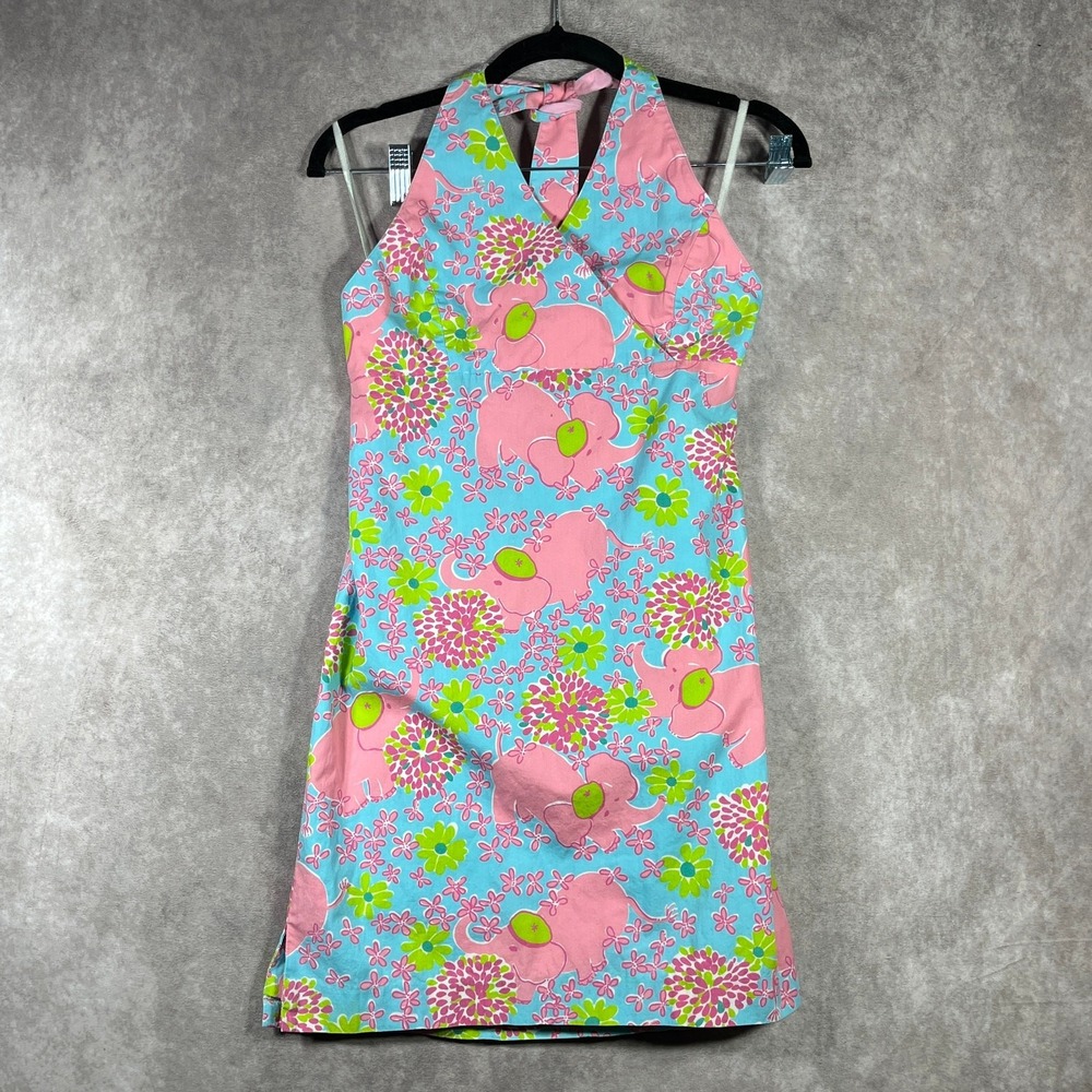 Vintage Lilly Pulitzer Halter Dress 16 Blue Pink Elephant Floral Print Preppy